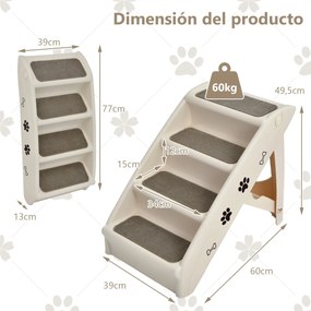 Escada plástica dobrável para animais de estimação com 4 degraus para interior e exterior com feltro macio 64 x 39 x 49,5 cm bege