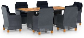 7 pcs conj. jantar exterior c/ almofadões vime PE cinza-escuro