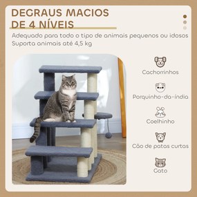 Arranhador para Gatos de 4 Níveis Escada para Animais de Estimação Revestida com Franela Suave Poste de Sisal Bola Suspensa 60x40x64 cm Cinzento
