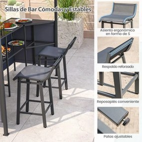 Conjunto de Tenda bar para jardim 245 x 245 x 243 cm com 3 peças com 2 bancos de bar Mesa de bar em vidro temperado Estante de armazenamento Cinza