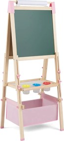 Cavalete de madeira para crianças ajustável com quadro negro e branco, rolo de papel e ímanes, natural e rosa