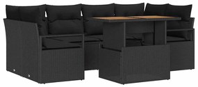 Conjunto de Sofá de Jardim com 7 Peças e Almofadas Pretas, Rattan de P