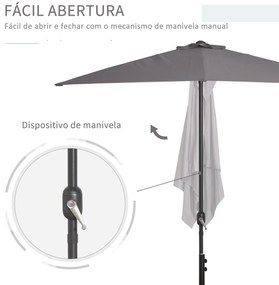 Outsunny Meia Chapéu de sol 230x130x245 cm Chapéu de sol para Parede Jardim com Manivela e Vara Metálica Ø38 mm Terraço Varanda Cinzento