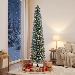 Árvore de Natal Estreita Pré-iluminada 180 cm, LEDs de Dupla Cor, Efeito Nevado, Comando, 11 Modos, 351 Pontas, 170 LEDs, Verde/Branco