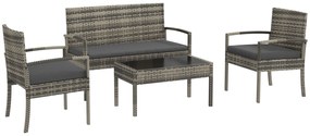 Outsunny Conjunto Móveis de Jardim de 4 Peças em Vime Sintético com 2 Poltronas 1 Sofá de 2 Lugares e 1 Mesa de Centro Cinza