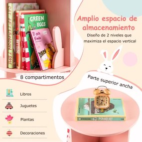 Estante giratória para crianças 40 x 40 x 65 cm Estante infantil com 2 níveis e separadores em forma de coelho  Rosa