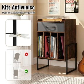 Móvel para gira-discos 45 x 32,5 x 68,5 cm com gaveta em tecido e prateleiras abertas em metal para discos de vinil; ideal para sala de estar, quarto