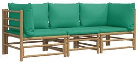 3 pcs conjunto lounge de jardim bambu c/ almofadões verdes