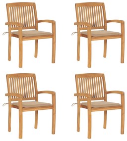 vidaXL Cadeiras de jardim empiháveis c/ almofadões 4 pcs teca maciça