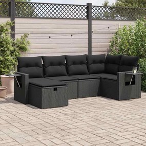 6 pcs conjunto sofás de jardim c/ almofadões vime PE preto