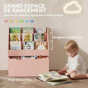Estante infantil com vários compartimentos, com 3 níveis de prateleiras e uma gaveta, 62,5 L x 30 L x 70 A cm, rosa