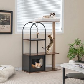 Arranhador para gatos de 118 cm com estrutura metálica Posto de arranhar de juta Tábua de sisal Bola de sisal Centro de actividades suspenso para gato