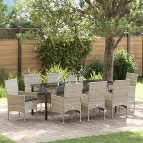 vidaXL Conjunto de Jantar para Jardim com 9 Peças Almofadas Cinza Claro Rattan Poliéster