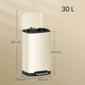 Caixote do lixo para cozinha 30L com pedal em aço 34,5 x 32,5 x 61,5 cm , tampa com fecho suave, caixote interior removível Creme