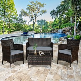 Conjunto de Móveis 4 Peças Rattan para Pátio Exterior Mesa e Sofá com Almofada Conjunto de Conversação Mão-Tecido para Piscina de Jardim Castanho
