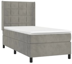 Cama box spring c/ colchão/LED 100x200 cm veludo cinzento-claro