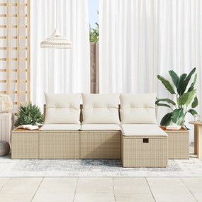 Conjunto de Sofás de Jardim de 4 Peças com Almofadas Bege Rattan Poly