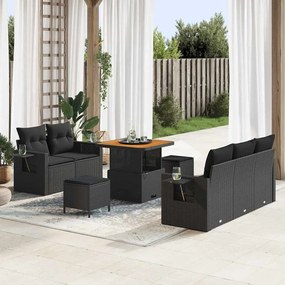 vidaXL Conjunto de Sofá de Jardim de 8 Peças com Almofadas em Poly Rattan Preto e Acácia
