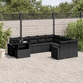 10 pcs conjunto sofás de jardim c/ almofadões vime PE preto