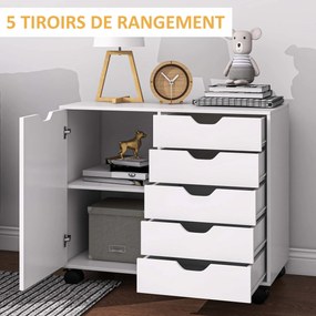 Móvel de arrumação para escritório com 5 gavetas, 1 porta, prateleira ajustável e rodas, 78 x 40 x 66,5 cm, branco