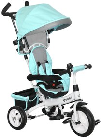 HOMCOM Triciclo Evolutivo para Bebés de +12 Meses 2 em 1 com Toldo Dobrável Guiador Cinto de Segurança e Cesto 95x50x106 cm Verde Mint