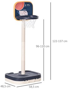 HOMCOM Tabela de Basquetebol Infantil 2 em 1 Tabela de Basquetebol Portátil com Jogo de Lançamento de Anéis e Altura Ajustável 96-110cm Acessórios Incluidos 58,5x56x137cm Azul e Branco