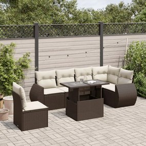 7 pcs conjunto de sofás jardim c/ almofadões vime PE castanho