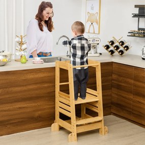 Torre de aprendizagem 60 x 58 x 91 cm para crianças de bambu para crianças com altura ajustável em 4 níveis Barras de segurança natural