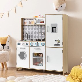Cozinha de brincar em madeira 91 x 30 x 102 cm com máquina de gelo, fogão, máquina de lavar, forno, micro-ondas, sons e luzes reais para crianças com
