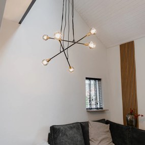 Candeeiro de suspensão preto com latão e vidro fumê 6 luzes - Vidro