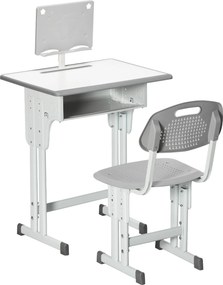 HOMCOM Conjunto de Secretária e Cadeira para Crianças com Altura Ajustável 1 Gaveta e 1 Prateleira para Livros 60x45x90-120 cm Cinza | Aosom Portugal