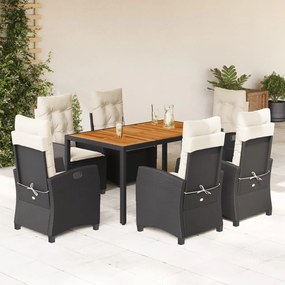 7 pcs conjunto de jantar p/ jardim c/ almofadões vime PE preto