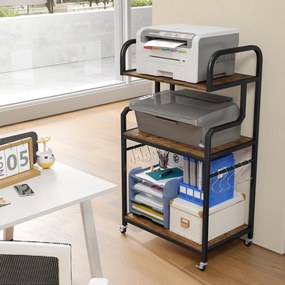 Suporte para impressora portátil 60 x 40 x 110 cm de 3 níveis com rodas, 10 ganchos em S, estrutura metálica Castanho rústico + Preto