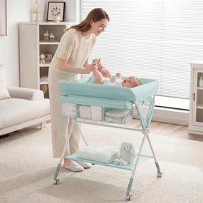 Mesa Trocador fraldas para Bebés Portátil e Dobrável Altura Ajustável 3 Níveis Organizador Móvel com Cesto Prateleira Rodas e Travão turquesa