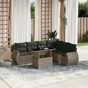 7 pcs conjunto sofás p/ jardim c/ almofadões vime PE cinzento