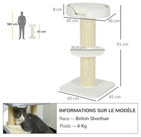 Arranhador para Gatos Altura 91 cm de 3 Níveis com Ninho Plataforma e Poste de Sisal 45x45x91 cm Creme