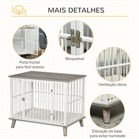 Gaiola para Cães de Madeira 86x60x70cm Gaiola para Cães com Bancada de Armazenamento Porta com Trave Pés Elevados Grade de Aço Branca