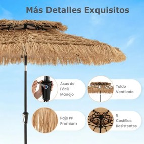 Guarda-sol estilo havaiano 247 cm com 8 varetas Tecido resistente ao sol e palha artificial 35° de inclinação Natural