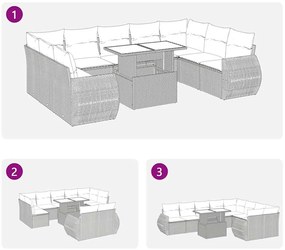 10 pcs conjunto sofás de jardim c/ almofadões vime PE preto