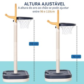 Cesto de Basquetebol Infantil 2 em 1 Portátil com Jogo de Lançamento de Anéis Altura Ajustável 96-110cm e Acessórios Incluidos 58,5x56x137cm