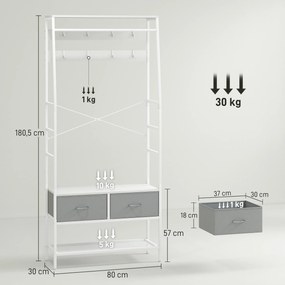 Móvel Cabide de Entrada com Banco Sapateira 8 Ganchos 2 Gavetas de Tecido Barra Prateleira 80x30x180,5 cm Branco e Cinza