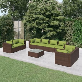 vidaXL 9 pcs conjunto lounge de jardim c/ almofadões vime PE castanho