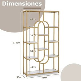 Estante de 5 níveis 95 x 30 x 175 cm com Prateleiras Abertas com Forma Ovalada Moldura Branca e Dourada