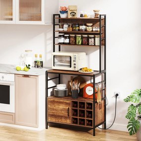 Armario de cozinha 80 x 40 x 170 cm com 2 tomada e 2 portas USB, com ganchos e prateleiras para garrafas de vinho 80 x 40 x 170 cm Castanho