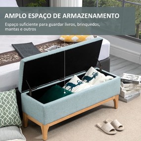 Banco com Arrumação 72L Estofado em Linho com Pés de Madeira e Almofadas Ajustáveis  110x39x45 cm Cinzento Azulado