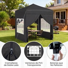 Tenda dobrável 194 x 194 cm, com 4 paredes laterais, 3 alturas ajustáveis, e 4 sacos de areia, 8 estacas, Preta