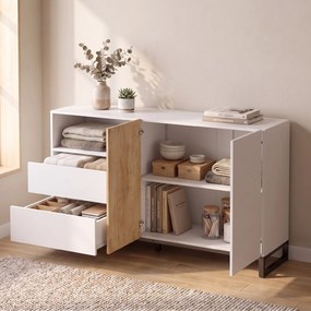 Aparador de sala 140 (L) x 40 (P) x 85 (A) cm, móvel de arrumação com 2 portas com fecho suave, 2 gavetas e prateleira ajustável, branco e cor carvalh