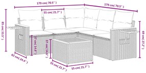 6 pcs conjunto sofás p/ jardim c/ almofadões vime PE cinzento