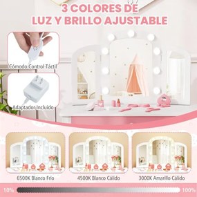 Conjunto de Toucador infantil Princesa 2 em 1 com espelho removível, luzes ajustáveis, banquinho e gaveta em imitação de madeira para maiores de 3 ano