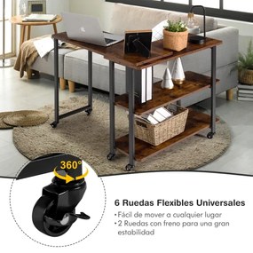 Secretária Mesa de Computador em Estilo Industrial com Rodas e Superfície Móvel e Estrutura Metálica para 80 x 30 x 67 cm Castanho Rústico